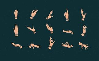 Hands with bracelets and rings in ethnical style in different positions to express feelings and emotions drawing on dark background vector