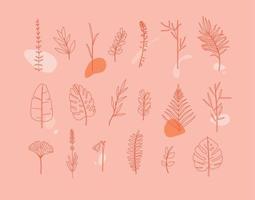 Set of different forms leaves in minimalism flat style on coral background vector