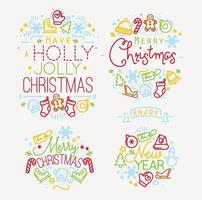 Christmas decorative elements for winter holidays in flat style, drawing by color lines vector