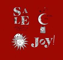 Merry Christmas elements lettering sale, holiday cheer, joy and illustrated sun with santas hat and moon with gift drawing in graphic style on red background vector