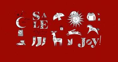 alegre Navidad símbolos letras venta, fiesta alegría, alegría y ilustrado Dom con sombrero y Luna con regalo, taza, caballo, ciervo, conejo, sombrero, guante, pull-over, auto, árbol, pájaro, ardilla vector