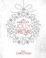 Flat Christmas tree toy card lettering holly jolly Christmas drawing with thin grey and red lines on dirty paper vector