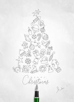 Navidad juguete árbol dibujo con bolígrafo línea en estropeado papel antecedentes vector