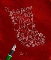 juguete calcetines letras alegre Navidad y contento nuevo año dibujo con bolígrafo línea en rojo antecedentes vector
