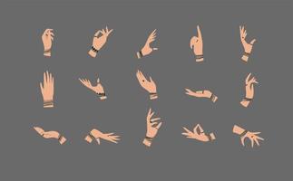 Hands with bracelets and rings in ethnical style in different positions to express feelings and emotions drawing on gray background vector