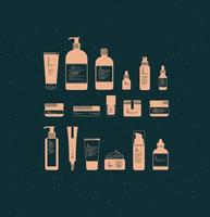 Set of cosmetic bottles in graphic style. Many containers for beauty and fashion products drawing on dark background vector