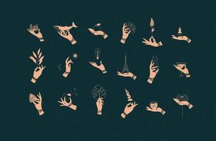 Hands labels with bracelets, rings holding decorative symbols in minimalist style drawing on dark background vector