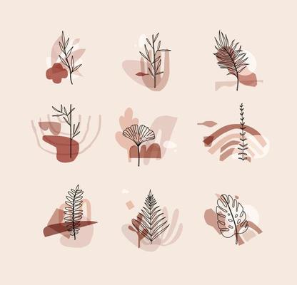 Set of different forms leaves in minimalism flat style on beige background