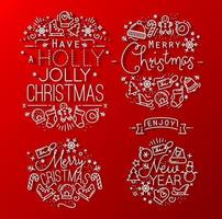 Christmas decorative elements for winter holidays in flat style, drawing with grey lines on red background vector