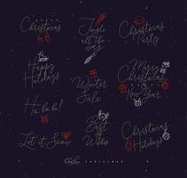Christmas pen line lettering for winter holidays drawing on dark background vector