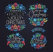 Christmas decorative elements for winter holidays in flat and neon style, drawing by color lines on black background vector