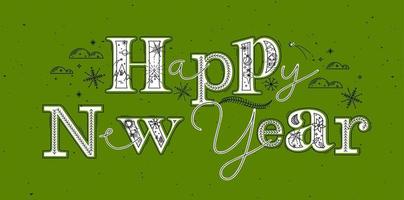 Christmas poster lettering happy new year drawing in graphic style on green background vector