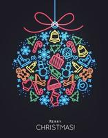 Flat Christmas tree toy drawing with thin color lines on black background vector