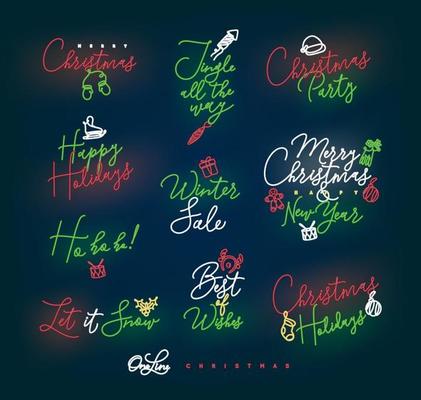 Christmas pen line lettering for winter holidays drawing with color on dark blue background