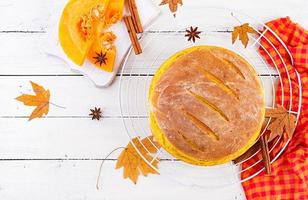 Fresh homemade pumpkin bread and pumpkin slices. Top view photo