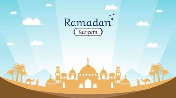Ramadan banner template with mosque in the middle of desert design vector
