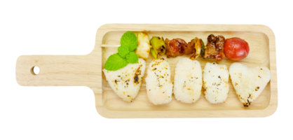 skewer of mixed meat and vegetables with grilled rice isolated png