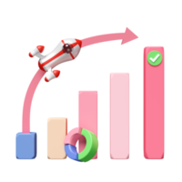 3d diagram och Graf med raket, bock, analys företag finansiell data, uppkopplad marknadsföring isolerat. företag tillväxt, strategi begrepp, 3d framställa illustration png