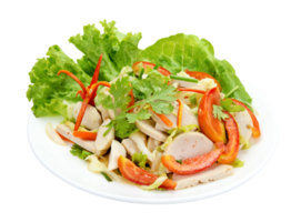 Thai cuisine spicy pork salad on wood background or Yum Moo Yor png