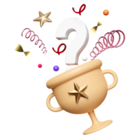 Golden champion cup, trophies with question mark symbol, floating star, geometric shapes isolated. reward cup concept, 3d illustration render png