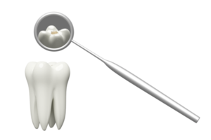 Dental Molar Zähne Modell- Symbol prüfen zum Hohlräume 3d mit Zahnarzt Spiegel isoliert. Gesundheit von Weiß Zähne, Dental Untersuchung von das Zahnarzt, 3d machen Illustration png