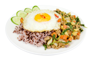 Fried egg with stir-fried minced pork and basil  isolated png