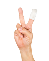 Hand showing the sign of victory with bandage isolated png