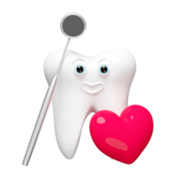 3d dental molar teeth model icon with dentist mirror, red heart isolated. health of white teeth, dental examination of the dentist, 3d render illustration png