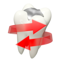 dental molar teeth model 3d icon with red spiral arrow, filling material isolated. dental examination of the dentist, tooth protection, 3d render illustration png