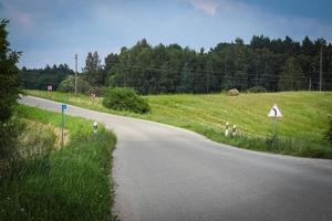 Summer asphalt road without lines but with road signs in green meadows surrounded by forest on sunny day photo