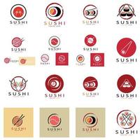 plantilla de logotipo de sushi. barra de ilustración de estilo de icono vectorial o tienda, sushi, rollo de salmón, sushi y rollos con barra de palillos o plantilla de logotipo de vector de restaurante