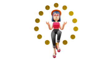 3D illustration. Cute female 3D cartoon character. Young woman in yoga pose. Yoga trainer closing eyes. Rich woman surrounded by flying gold coins. Successful women. 3D cartoon character png