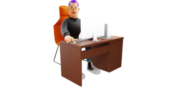 3D illustration. Office worker 3d cartoon character. Diligent Office workers do their job. Young man doing his work in front of the laptop. Young man sitting in front of laptop. 3D cartoon character png