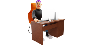 3d Illustration. Büro Arbeiter 3d Karikatur Charakter. fleißig Büro Arbeitskräfte tun ihr Arbeit. jung Mann tun seine Arbeit im Vorderseite von das Laptop. jung Mann Sitzung im Vorderseite von Laptop. 3d Karikatur Charakter png