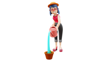 3D illustration. Diligent Girl 3D cartoon character. Obedient woman is watering a plant in a pot. Smiling cute girl doing her job. 3d cartoon character png