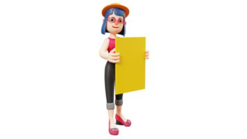 3D illustration. Cute Girl 3D cartoon character. Diligent Student carry yellow paper. Smart girl sweet smile. Beautiful tourist wearing hat and glasses. 3d cartoon character png