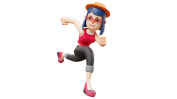 3D illustration. Nimble Woman 3D cartoon character. Beautiful tourist is running around. Sweet smiling woman. Stylish tourist with funny poses. Cute woman very happy. 3d cartoon character png