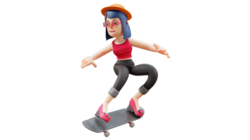 3D illustration. Excited Worker 3D cartoon character. Agile woman playing skateboard. Beautiful skateboarder. Tourist is playing around. 3d cartoon character png
