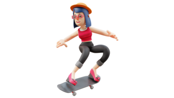 3d illustration. excité ouvrier 3d dessin animé personnage. agile femme en jouant planche à roulette. magnifique skateur. touristique est en jouant autour. 3d dessin animé personnage png