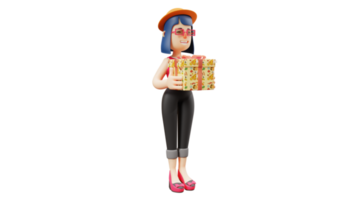 3D Illustration. Romantic Woman 3D cartoon character. A beautiful woman smiled sweetly. Romantic young women carry a gift box. Good women distribute gift. 3D cartoon character png