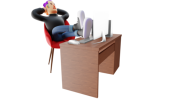 3D illustration. Office worker 3d cartoon character. Tired office worker. The lazy man is sleeping on a chair and in front of a laptop. Young man is relaxing. 3D cartoon character png