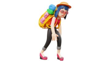 3D illustration. Beautiful Adventurer 3D cartoon character. Brave woman carrying big duffel bag. Tired woman walking bent over. Tourist who looks sleepy. 3d cartoon character png