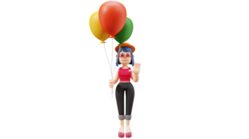 3D illustration. Nice lady 3D cartoon character. Beautiful woman smiling sweetly. Friendly woman holding many colorful balloons. Cute woman waving. 3d cartoon character png