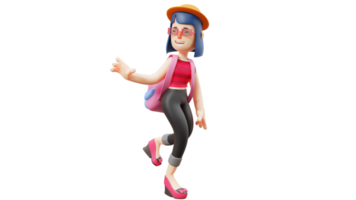 3D Illustration. Active Women 3D Cartoon Character. Friendly woman waved. Beautiful student go to school carrying pink bags. Diligent student who smile sweetly. 3D cartoon character png