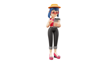 3D illustration. Beautiful career woman 3D cartoon character. Career women look very serious. Beautiful office worker is working on something on a tablet. 3d cartoon character png