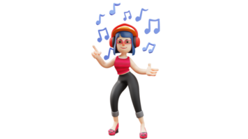 3D illustration. Talented woman 3D cartoon character. Cute woman wearing headphones. Happy woman is dancing while listening to music. The cute girl laughed happily. 3d cartoon character png