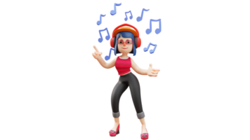 3d Illustration. talentiert Frau 3d Karikatur Charakter. süß Frau tragen Kopfhörer. glücklich Frau ist Tanzen während Hören zu Musik. das süß Mädchen lachte glücklich. 3d Karikatur Charakter png