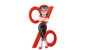 3D illustration. Cool Woman 3D cartoon character. Beautiful woman embracing. Beautiful woman leaning on big red percent sign. Beautiful tourist relaxing. 3D cartoon character png