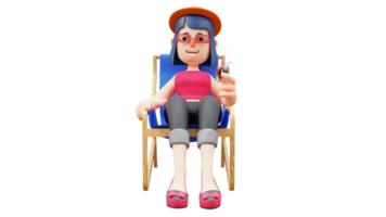 3d ilustración. contento mujer 3d dibujos animados personaje. hermosa turista quien son relajado. turista se sentó en un azul silla mientras participación un vaso. hermosa mujer es disfrutando su vacaciones. 3d dibujos animados personaje