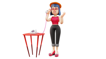 3d ilustração. recepcionista 3d desenho animado personagem. a lindo recepcionista é falando em a telefone. lindo mulher em pé Próximo para a telefone. 3d desenho animado personagem png